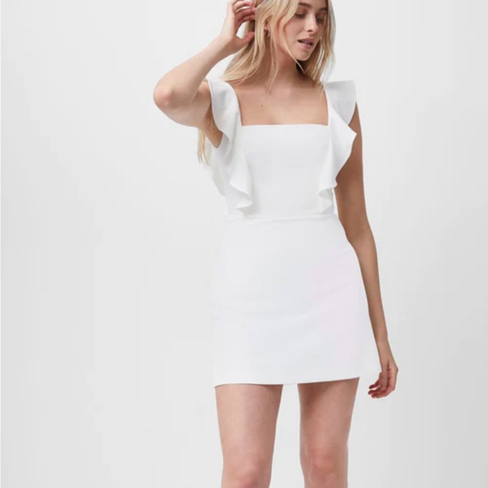 French Connection White Square Neck Ruffle Dress